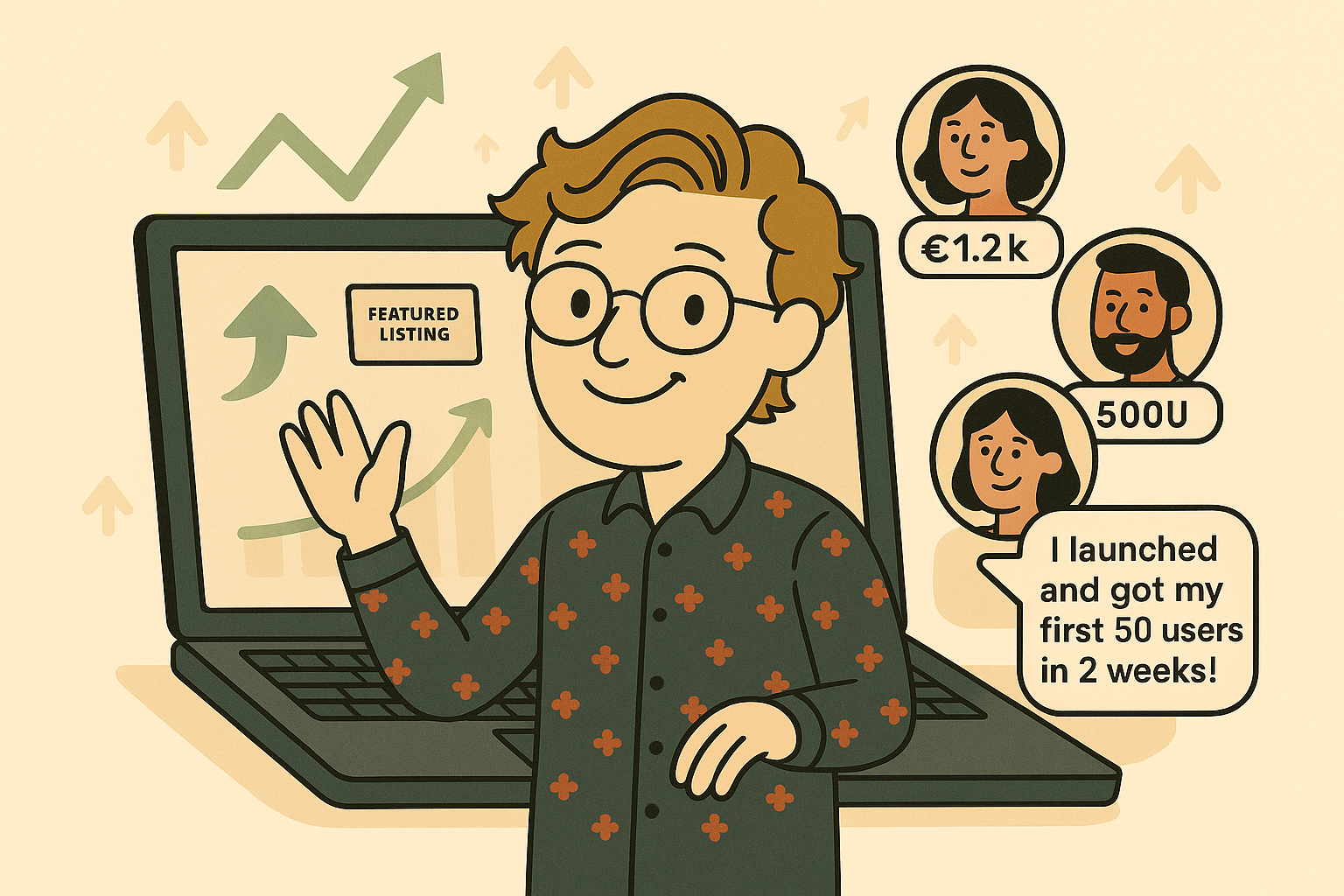 Excited character celebrating SaaS launch success